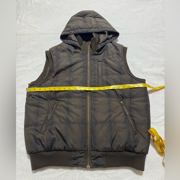 Vintage Structure Men’s Large Brown Nylon Puffer Vest Plaid Hooded Zip Pockets - Picture 7 of 11